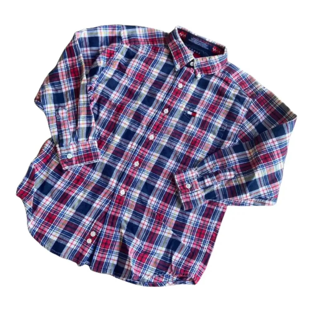 Tommy Hilfiger Boys Shirt Size 7 Blue Red Yellow White Plaid Flannel Button Down